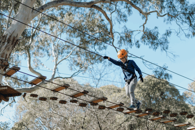 A young boy joyfully glides on a zip line through a lush green forest.