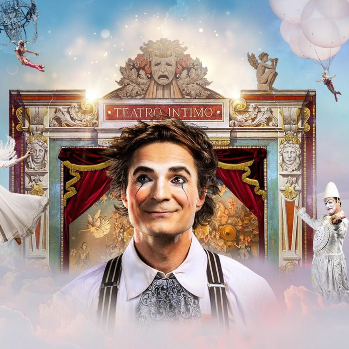 Colorful circus poster announcing the arrival of the circus in town, featuring clowns, acrobats, and animals.