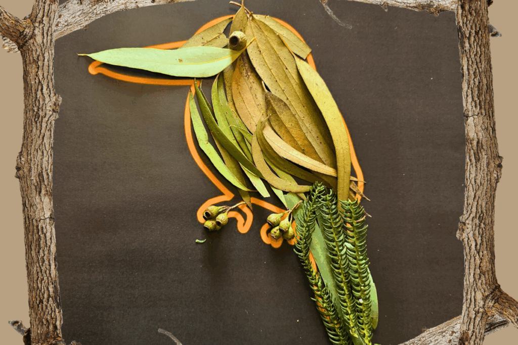 A bird sculpture crafted from leaves and branches, showcasing intricate natural textures and forms.