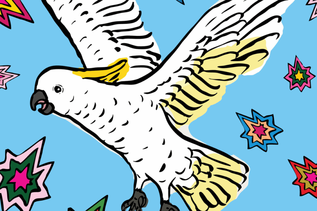 A cartoon bird soaring through the sky, surrounded by twinkling stars.