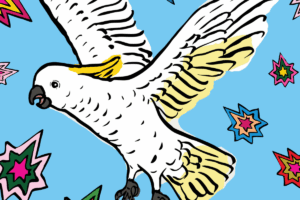 A cartoon bird soaring through the sky, surrounded by twinkling stars.