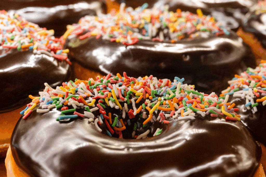A close-up of several chocolate-covered donuts arranged together, showcasing their glossy, rich chocolate coating.