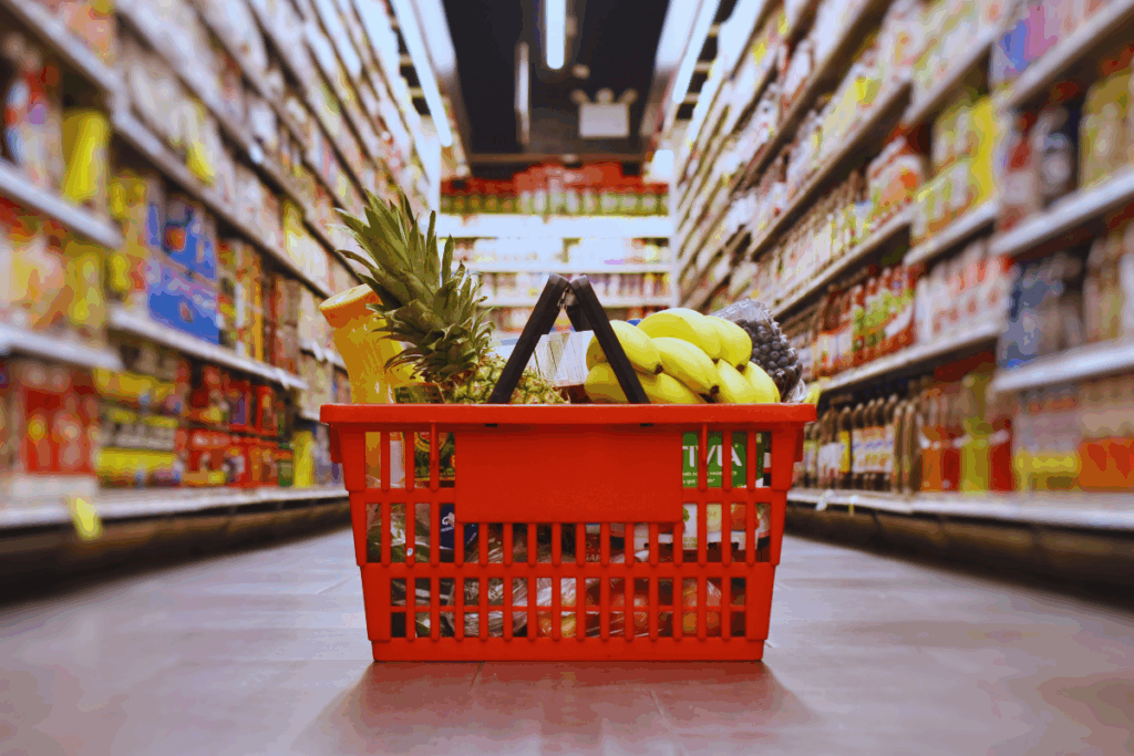 A shopping basket filled with assorted fruits and vegetables in a supermarket aisle.