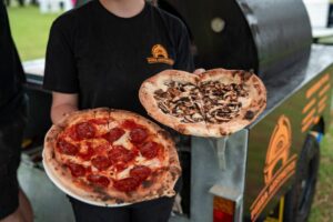 a tray with two pizzas.