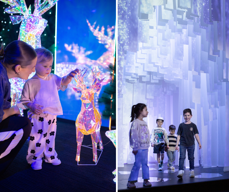 Children playing in a colorful exhibit filled with bright lights, enjoying interactive displays and each other's company.