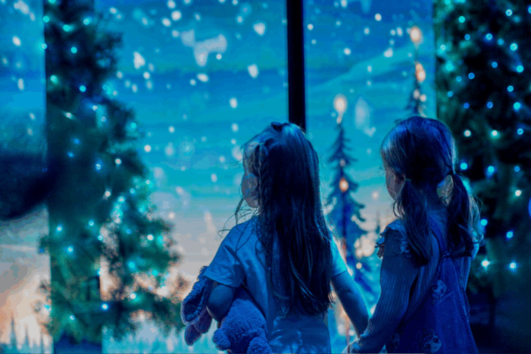 Two children stand in front of a projection screen displaying falling snow.