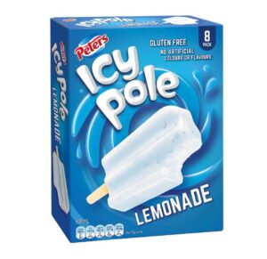 A box of Lemonade flavoured Icy Pole, featuring colourful packaging and a refreshing cold treat ready to enjoy on a hot day.
