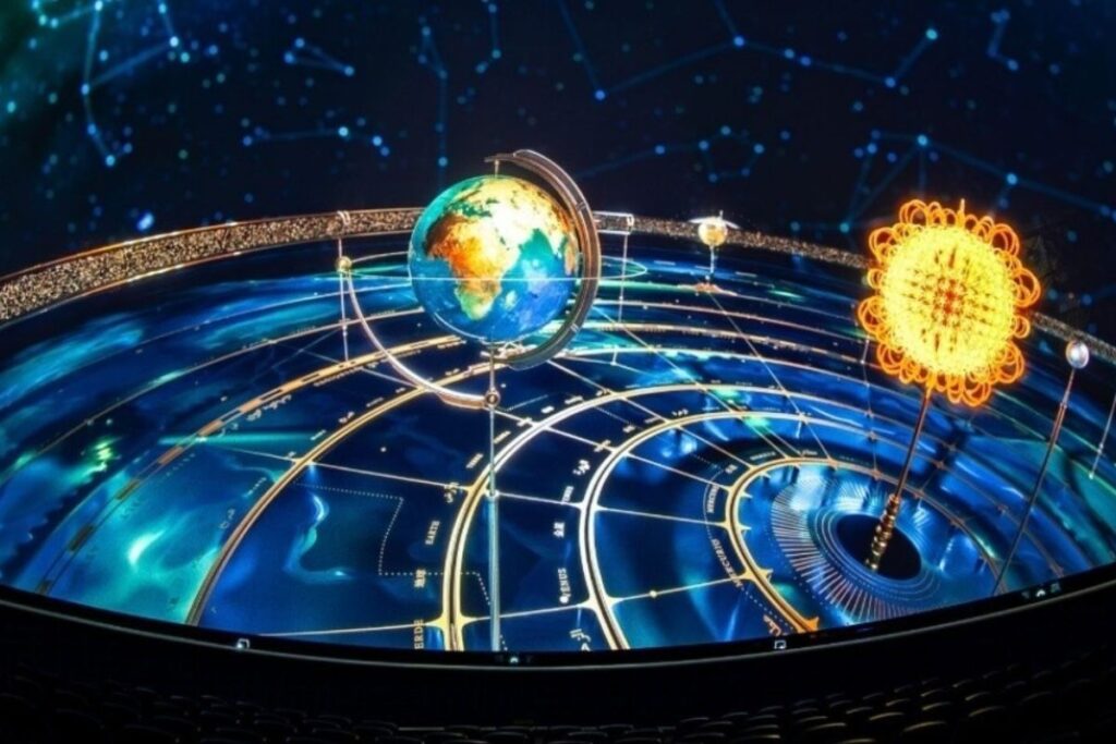 A globe design with a smaller globe and a sun in the middle, illustrating themes of global awareness and illumination.