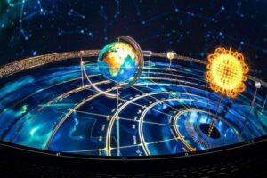 A globe design with a smaller globe and a sun in the middle, illustrating themes of global awareness and illumination.