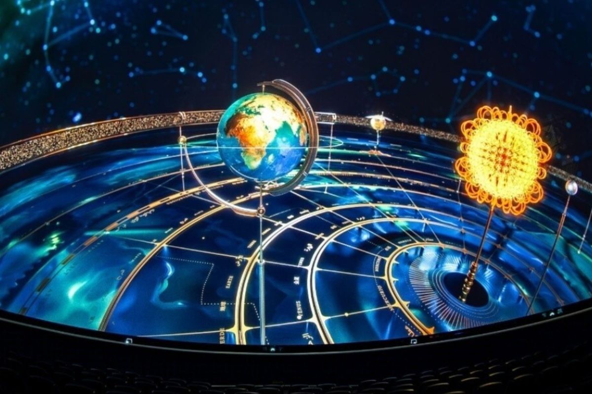 A globe design with a smaller globe and a sun in the middle, illustrating themes of global awareness and illumination.