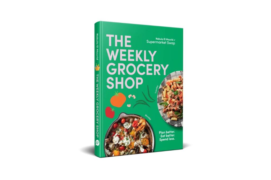 Cover of "The Weekly Grocery Shop," featuring a colorful illustration of fresh produce and grocery items.