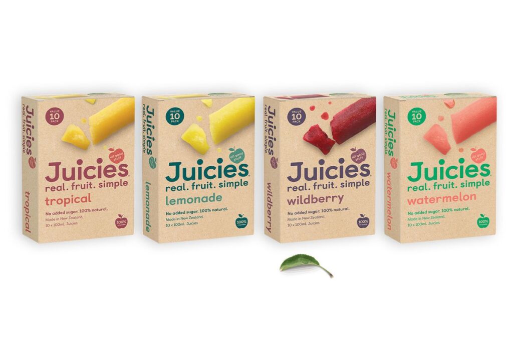 Juice box icy pole packaging with vibrant colors and leaf motifs, highlighting a natural and refreshing summer refreshment choice.