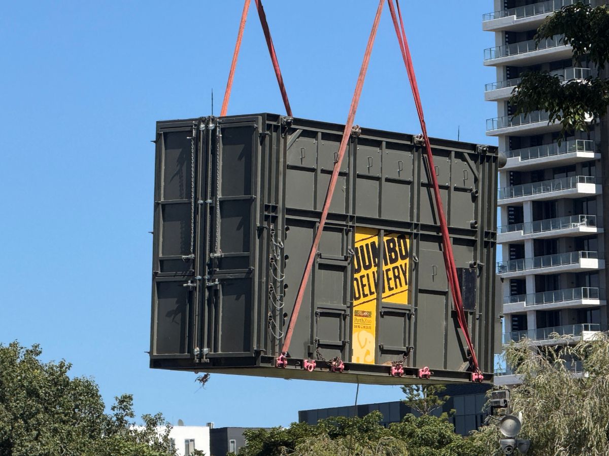 Crate suspended in the air.