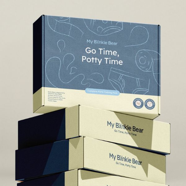 Go Time, Potty Time branded stack of blue and yellow boxes