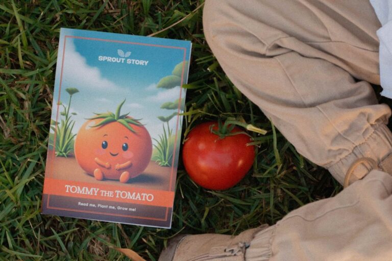 a child sits cross legged on grass with a book and a tomato
