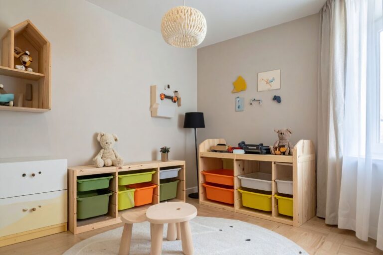 A child's room featuring a wooden shelf filled with books and colorful toy storage bins.