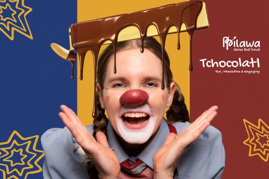 A woman dressed as clown with a red clown nose and chocolate poured on her head smiles in surprise