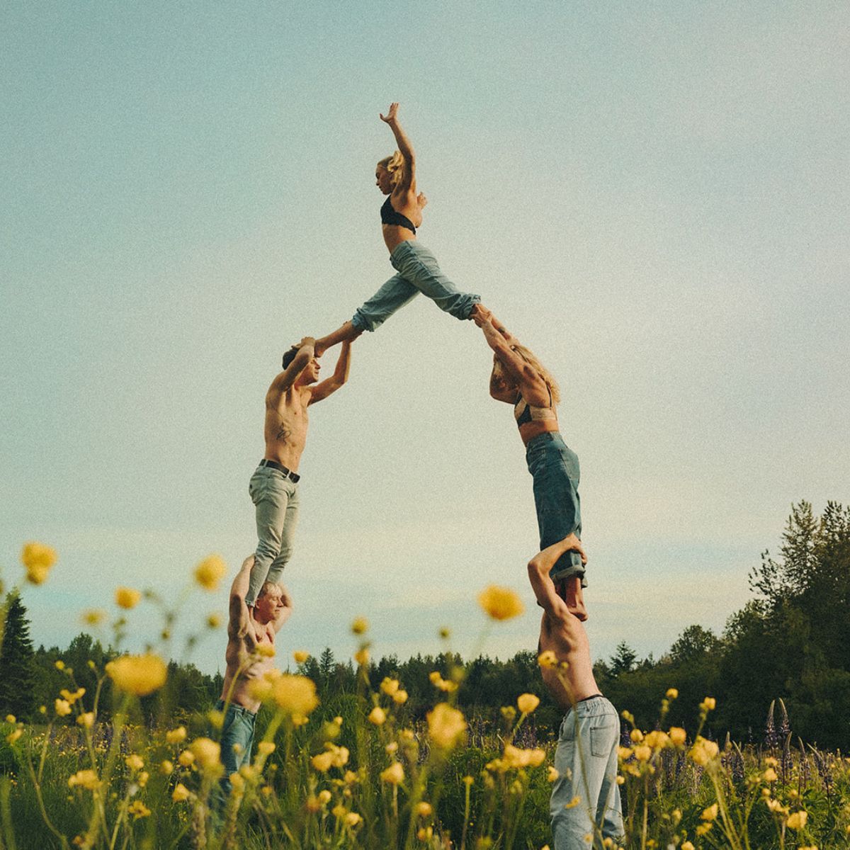 A group of people dressed in denim jeans pose in the shape of a human pyramid in a field of yellow flowers under a cloudy blue sky