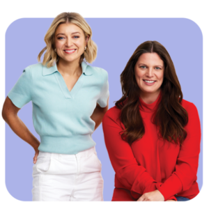 a portrait of two women pose confidently smiling for the photograph