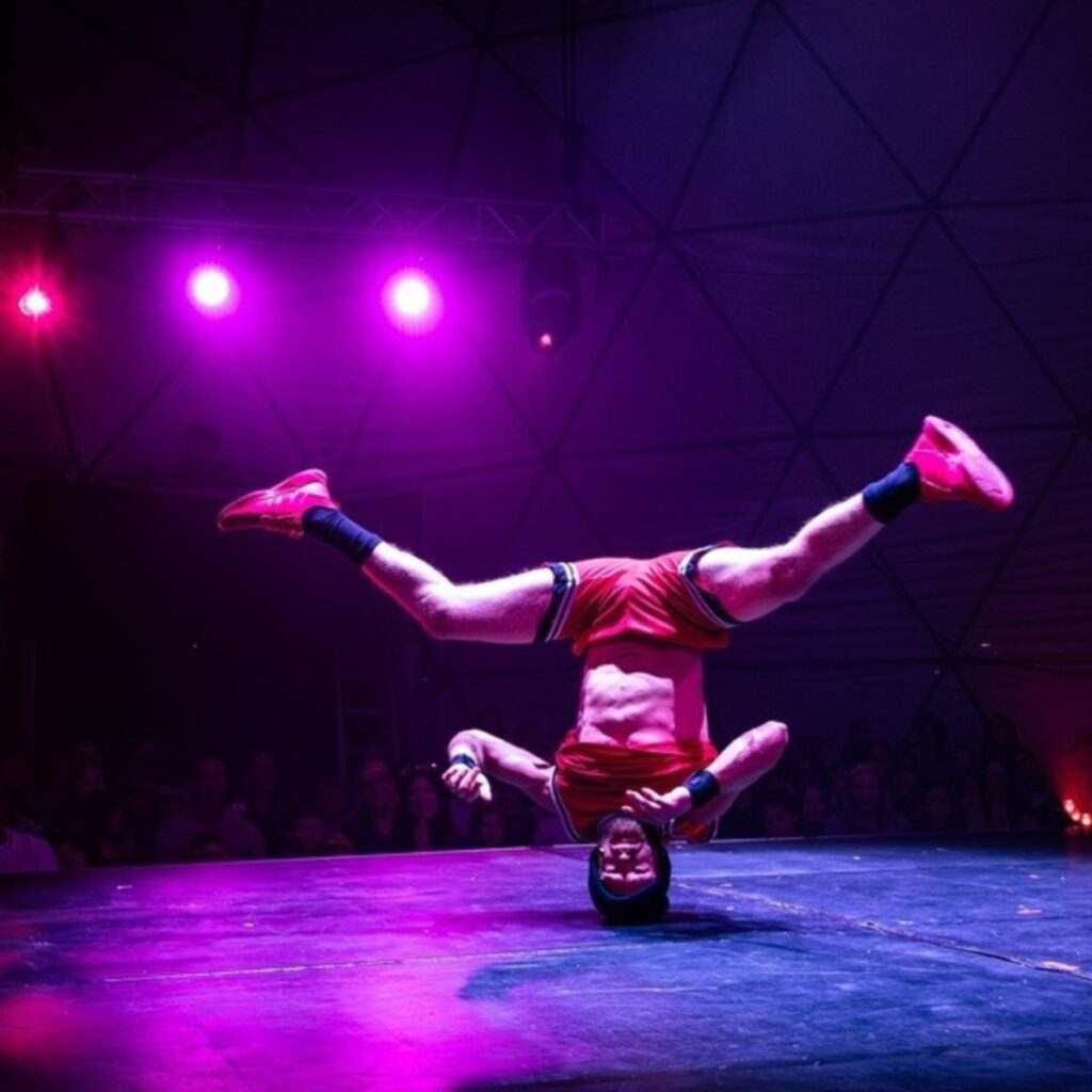 A man performs on stage spinning on his head in a leotard under bright lights.