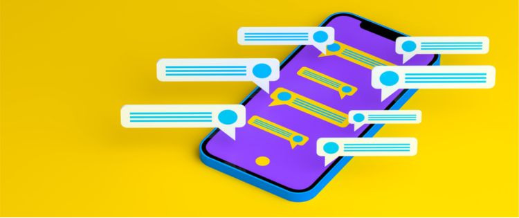 Animated social media depiction - mobile phone with many text messages.