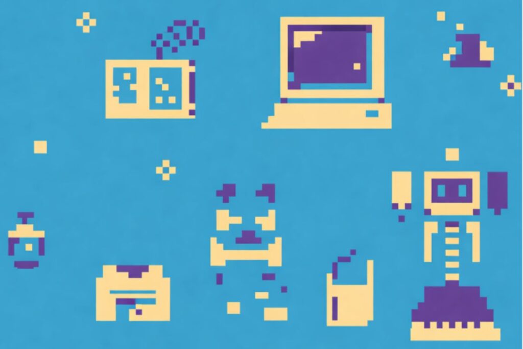 animation of technological elements including computers and robots.