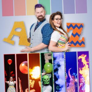 A man and women pose with letters of the alphabet in colourful clothing and surrounds