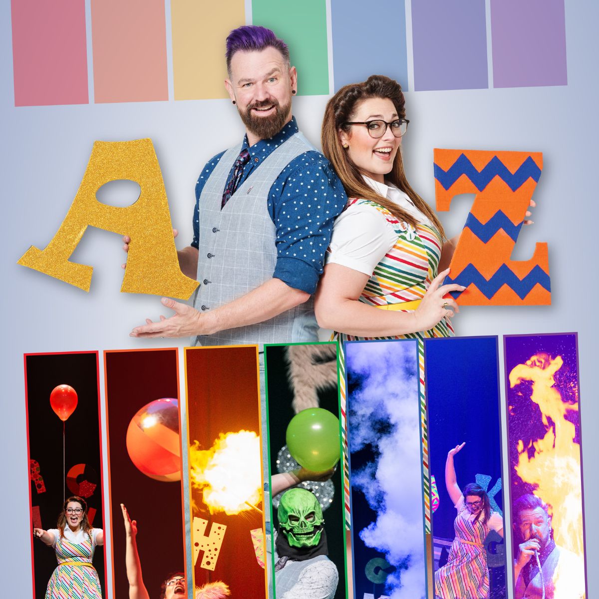 A man and women pose with letters of the alphabet in colourful clothing and surrounds