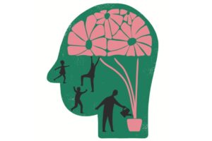 Illustration of a head filled with diverse people, symbolizing thoughts, ideas, and creativity within the mind.