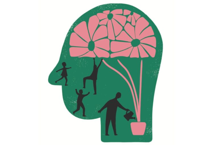 Illustration of a head filled with diverse people, symbolizing thoughts, ideas, and creativity within the mind.