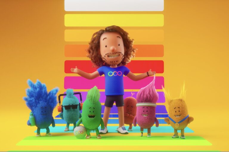Animation of Joe Wicks fitness instructor and young students.