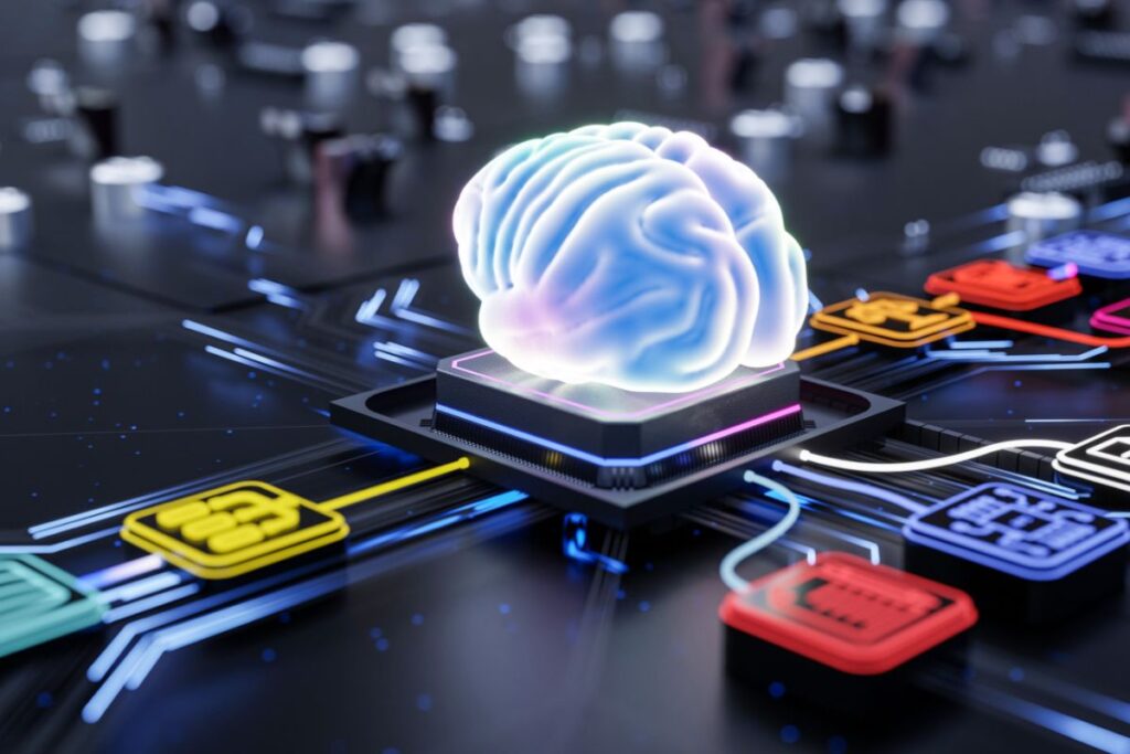 A brain surrounded by vibrant electronic components, illustrating the intersection of biology and technology.