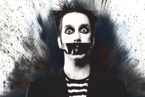 Poster for Adelaide Fringe show Tape Face: 20. Mime artist with white face paint and black tape over their lips.