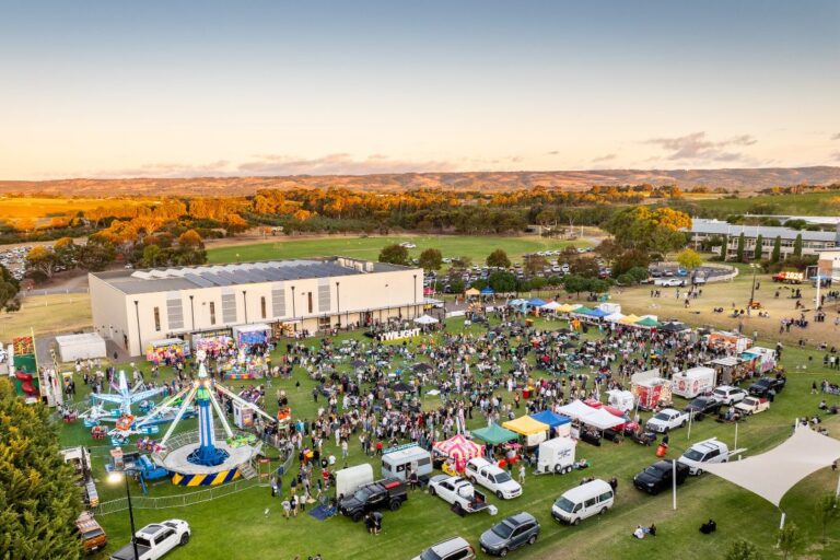 Aerial view of a large outdoor event featuring numerous people and parked cars in a vibrant setting.