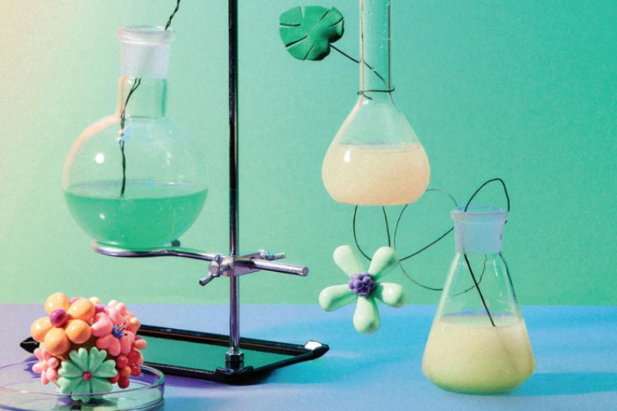laboratory equipment with different colour liquids and flowers