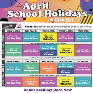 Cirkidz Autumn school holidays 2026 program.