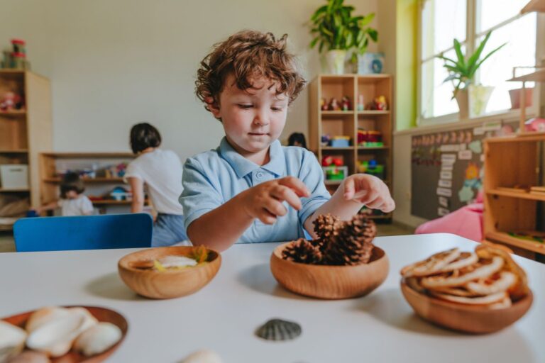 Tatachilla school student playing with pine cones in classroom.