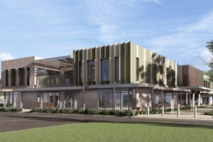 Westminster School Adelaide. School building, blue skies and lawn.