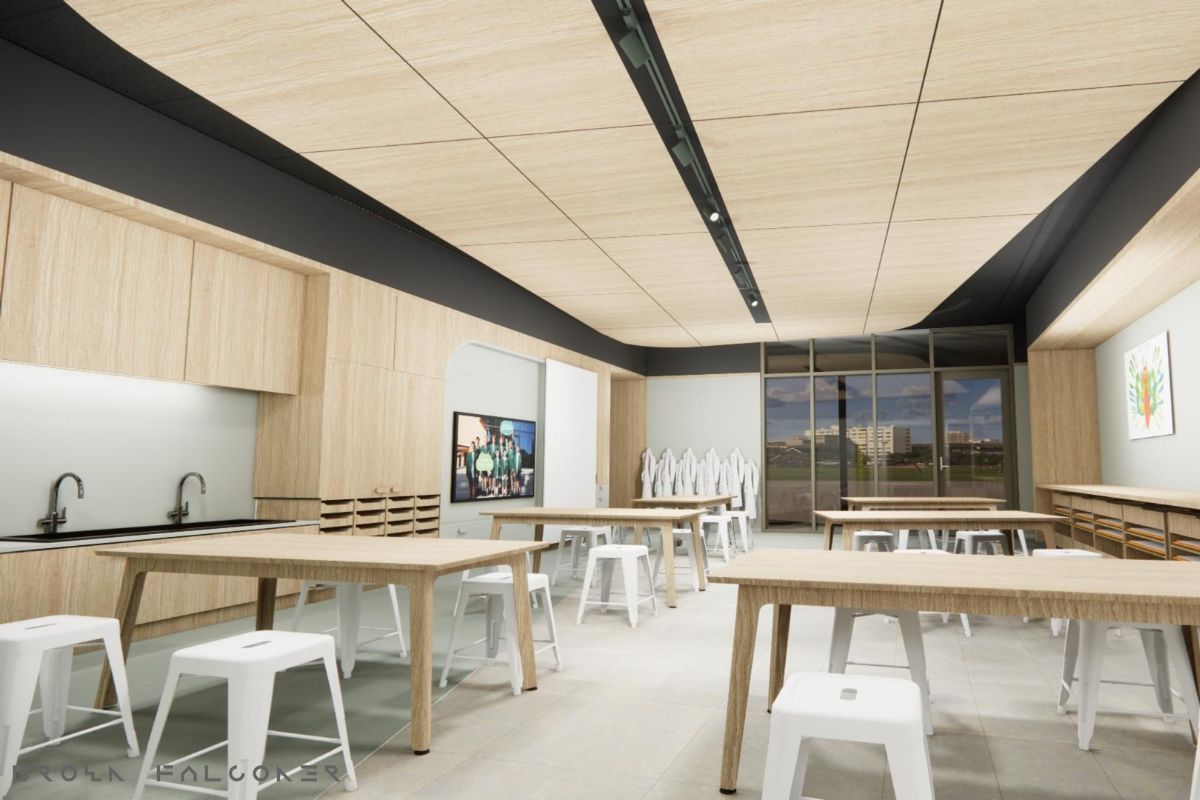tables and chairs in a classroom.