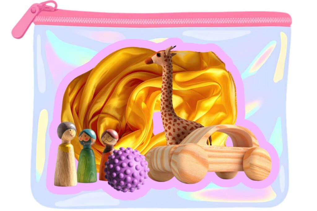 A bag featuring a giraffe, a toy car, and a colorful toy, showcasing playful designs for children.