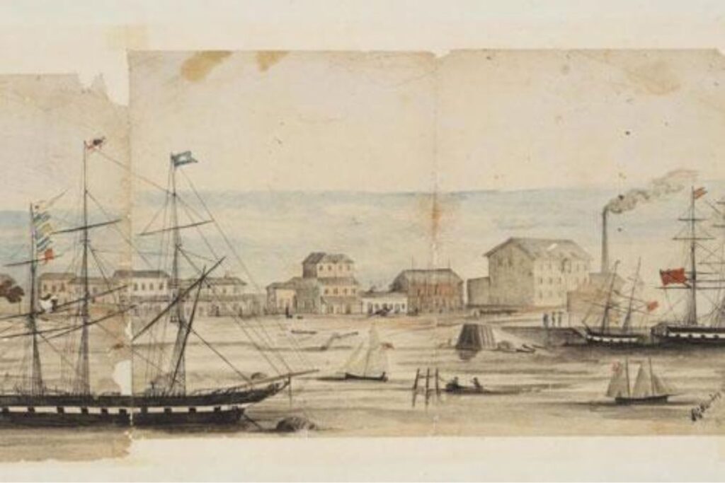 art of the panorama of the Port River and North Parade, Port Adelaide. SLSA: B 78677/3 Part of the panorama of the Port River and North Parade, Port Adelaide, 1855