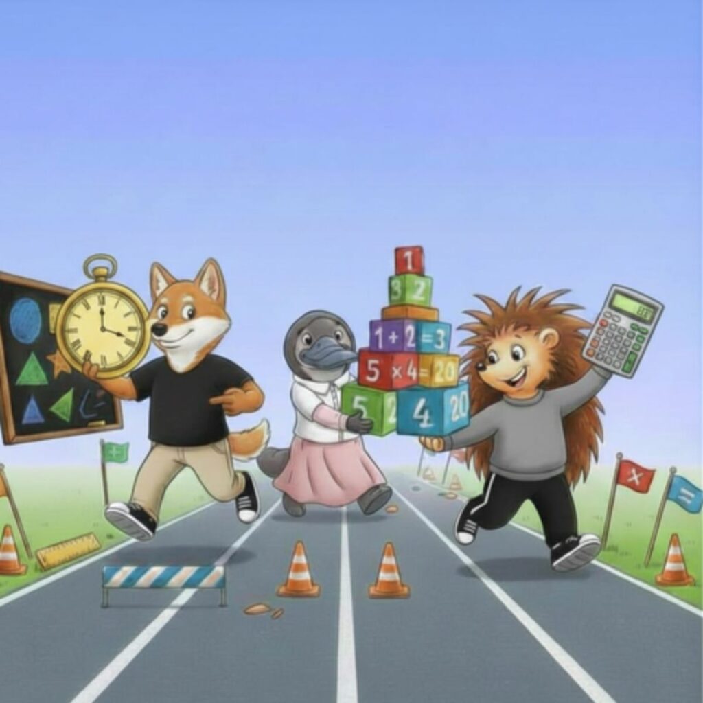 A cartoon book cover featuring three animals joyfully running along a road under a bright blue sky.