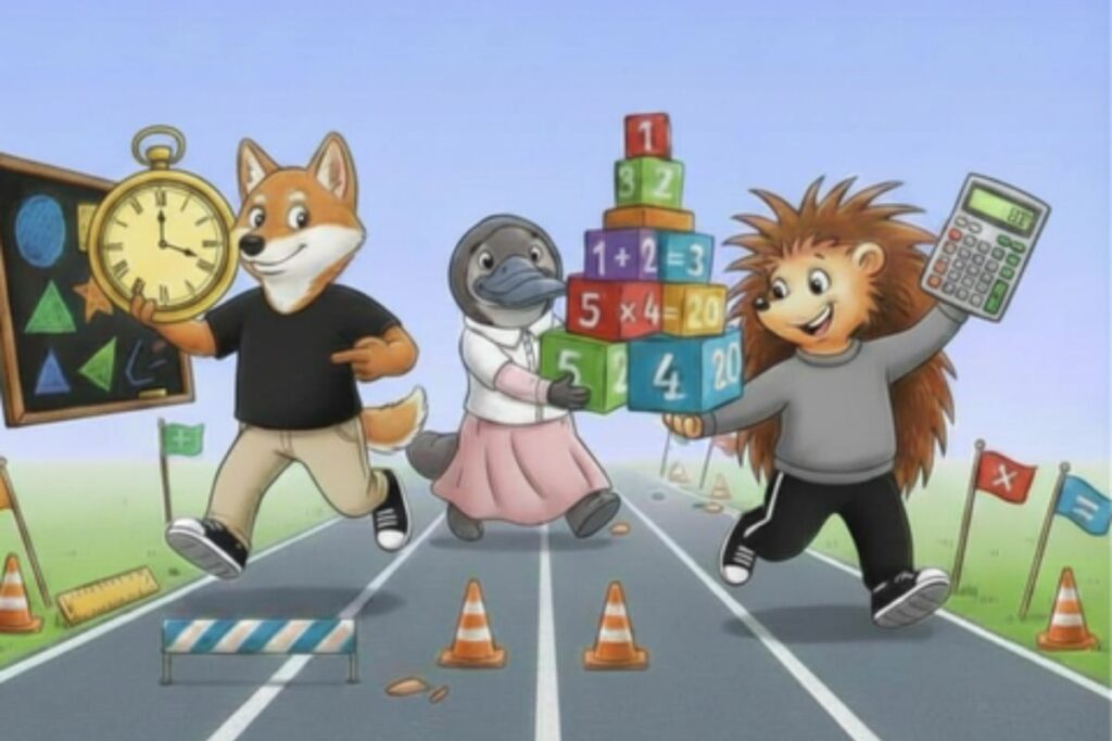 A cartoon book cover featuring three animals joyfully running along a road under a bright blue sky.