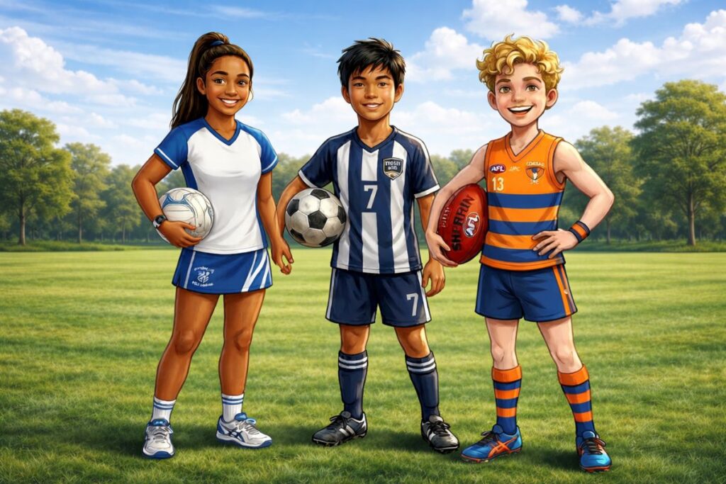 The Resilience League 3 cartoon characters playing winter ball sports in Australia.