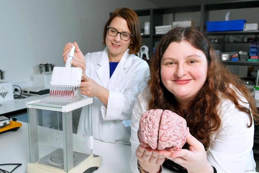 2 professors in a lab with equipment and one holding a model brain.