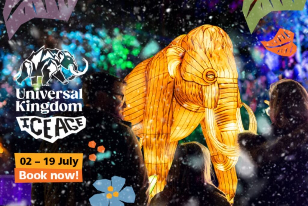 Illuminate Adelaide Zoo Universal Kingdom Ice Age. An illuminated woolly mammoth at night time in the Adelaide Zoo.