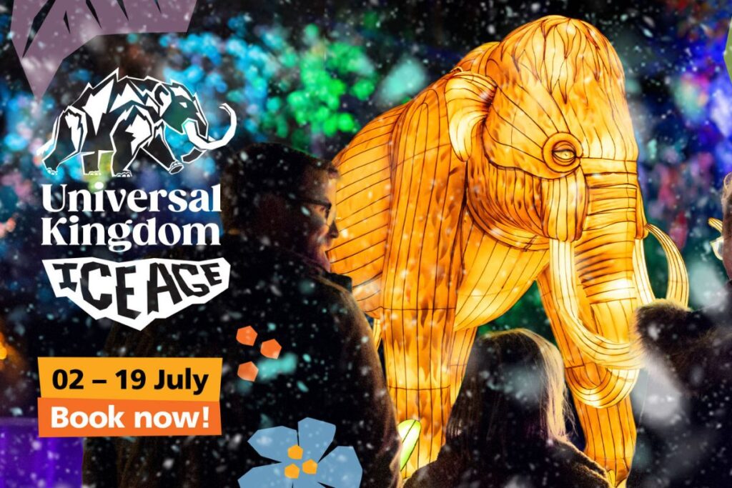 Universal Kingdom Ice Age at Adelaide Zoo promotional banner featuring a glowing woolly mammoth lantern sculpture with event dates 2 to 19 July and a Book Now call to action