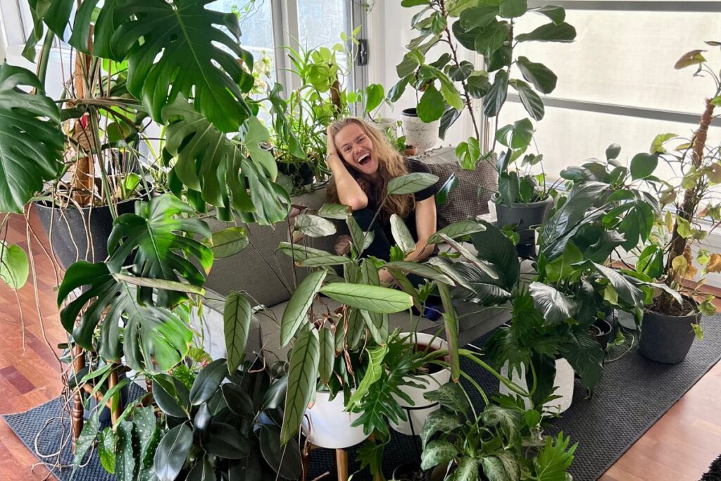 Mr Luke laughing surrounded by a lush indoor jungle of monstera, fiddle leaf fig and trailing houseplants