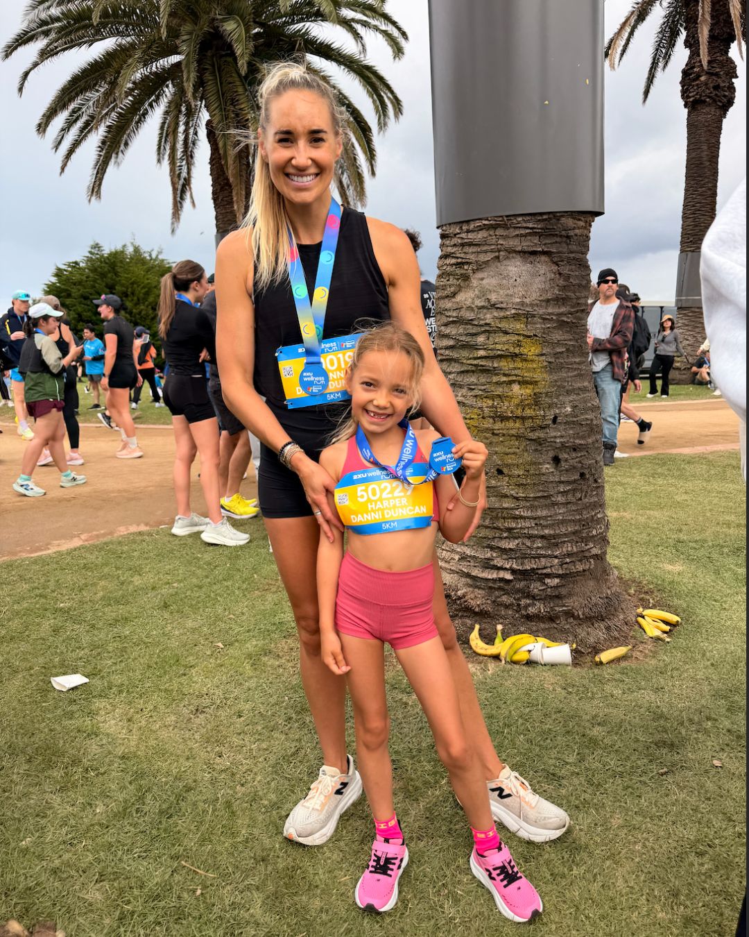 Danni Duncan running with her daughter Harper after recovering from bowel cancer