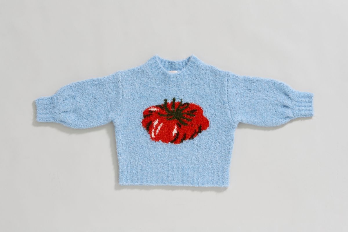 blue knitted jumper with red tomato. 